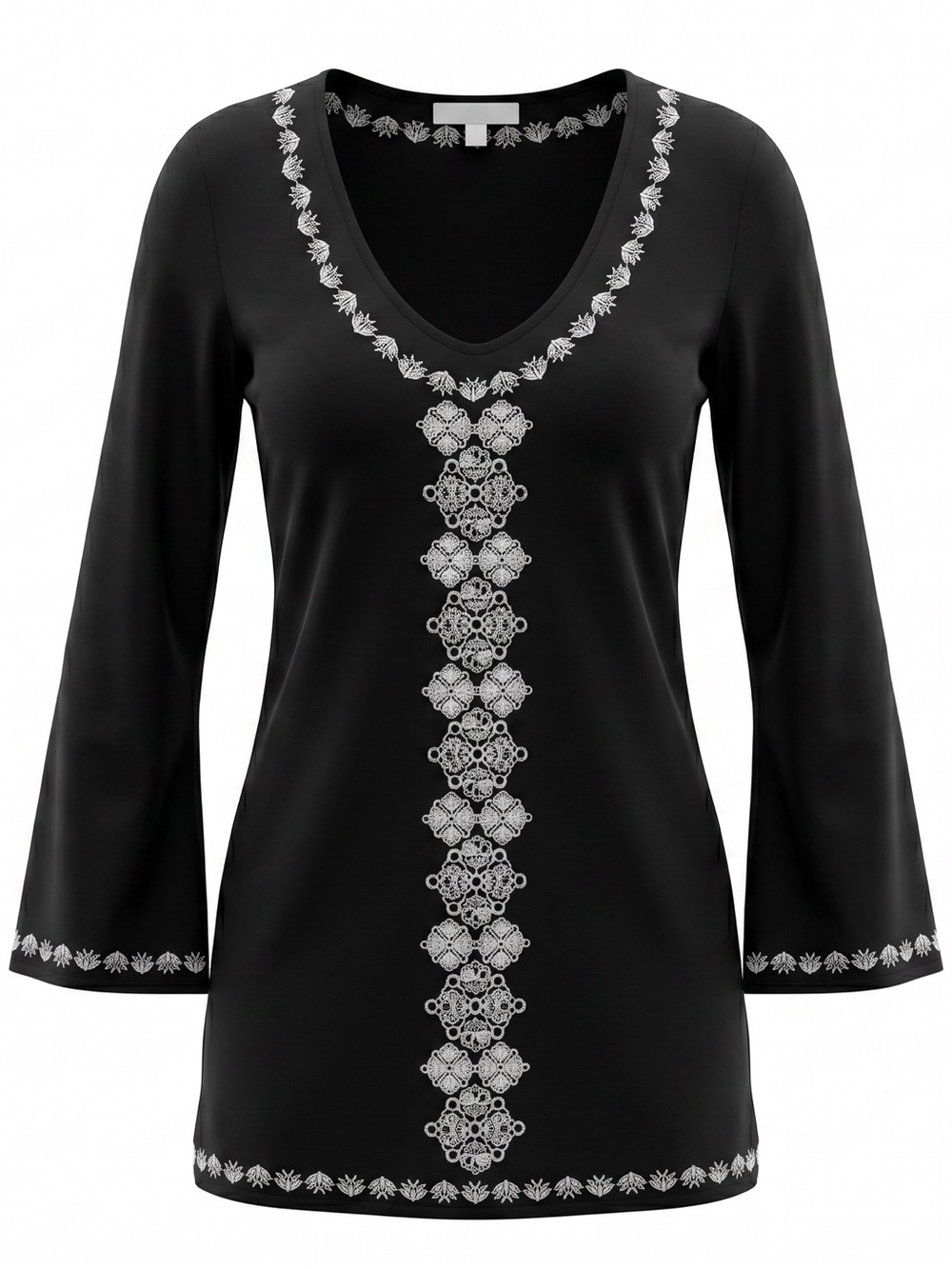NWOT LOVESTITCH Black Scoop-Neck White Embroidery Boho Tunic Bell Sleeves, MED